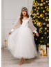 Long Sleeves Ivory Lace Tulle Flower Girl Dress Communion Dress